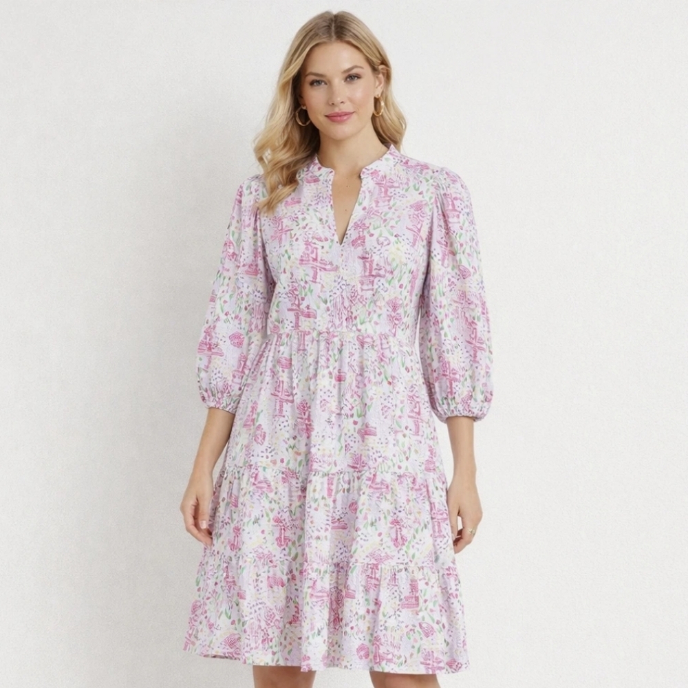 Smith & Quinn Tory Dress In Holland Tulip Sz M Pink Tiered Vacation Cottagecore